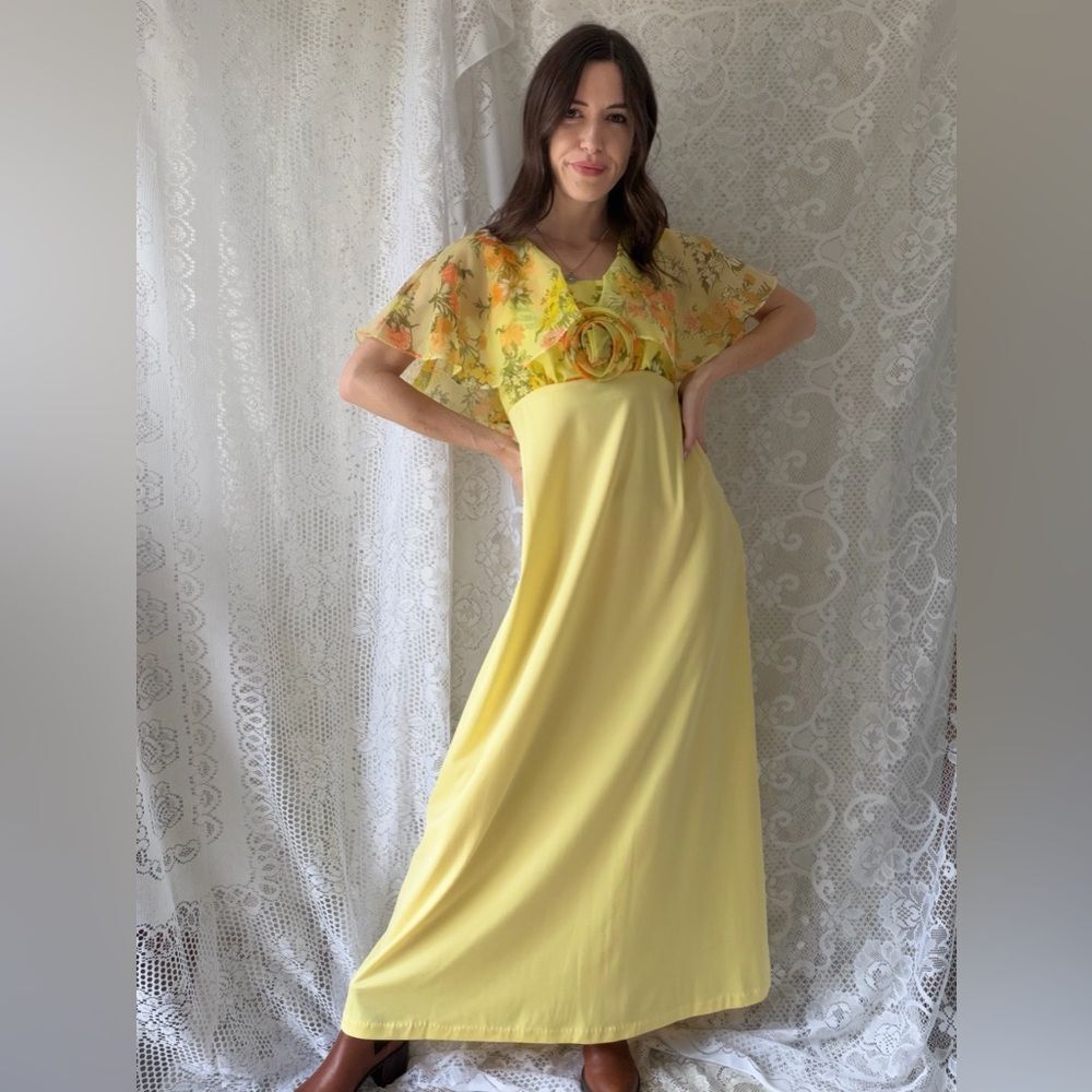 Vintage Yellow Floral Chiffon Maxi Dress 70s Prairie Garden Party - Picture 13 of 14